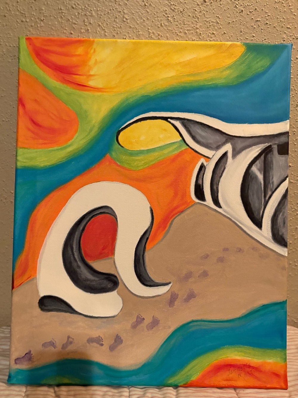 Original Abstract Surf-Inspired Oil Art in Orange, Blue, Yellow